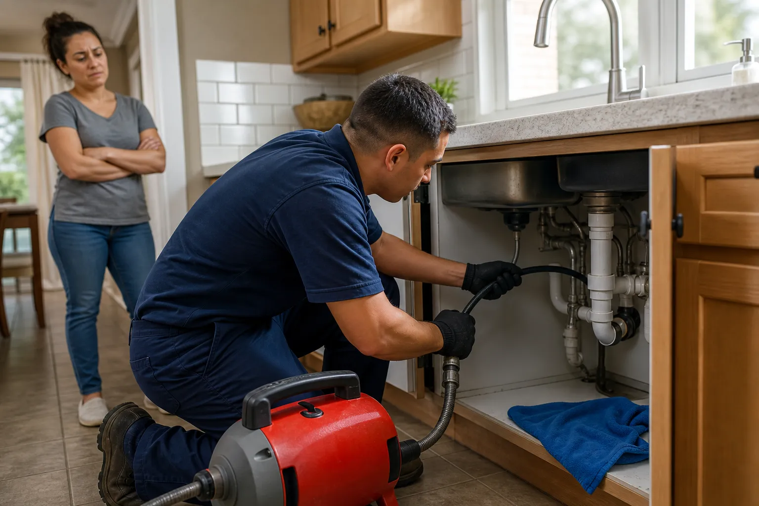 Clear a backed-up kitchen drain